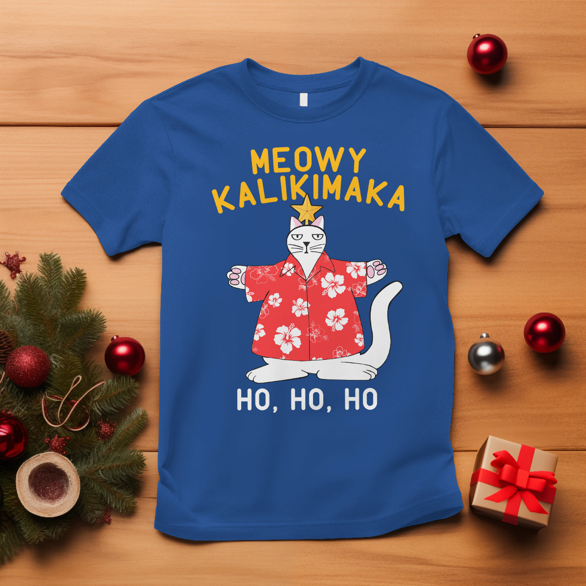 Christmas In Hawaii T Shirt Meowy Kalikimaka Hawaiian Cat Ho Ho Ho Xmas Tree - Wonder Print Shop