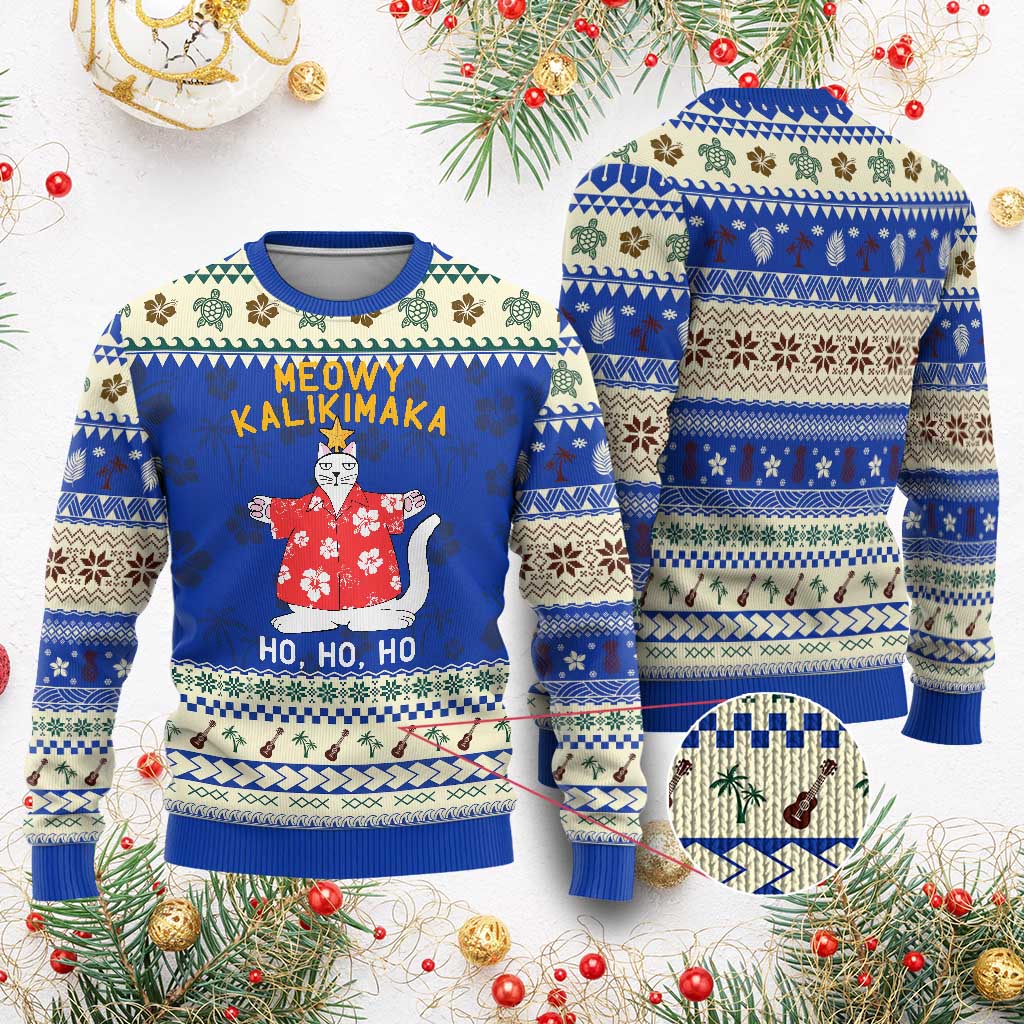 Hawaiian Xmas Cute Cat Ugly Christmas Sweater Meowy Kalikimaka Hawaiian Cat Ho Ho Ho Xmas Tree - Wonder Print Shop