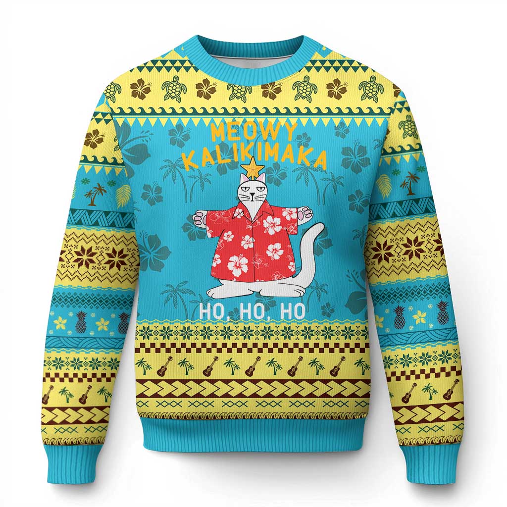 Hawaiian Xmas Cute Cat Ugly Christmas Sweater Meowy Kalikimaka Hawaiian Cat Ho Ho Ho Xmas Tree - Wonder Print Shop