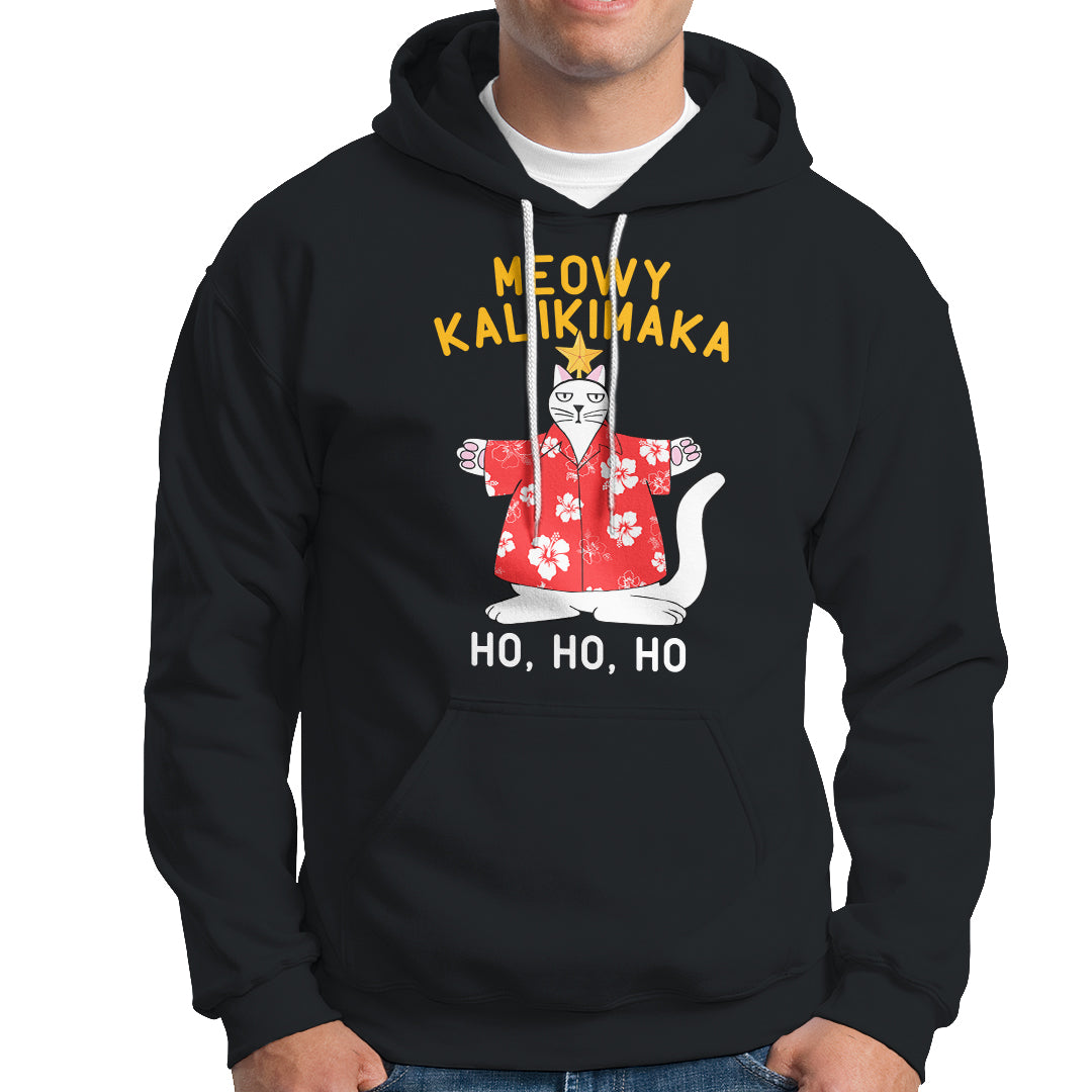 Christmas In Hawaii Hoodie Meowy Kalikimaka Hawaiian Cat Ho Ho Ho Xmas Tree - Wonder Print Shop