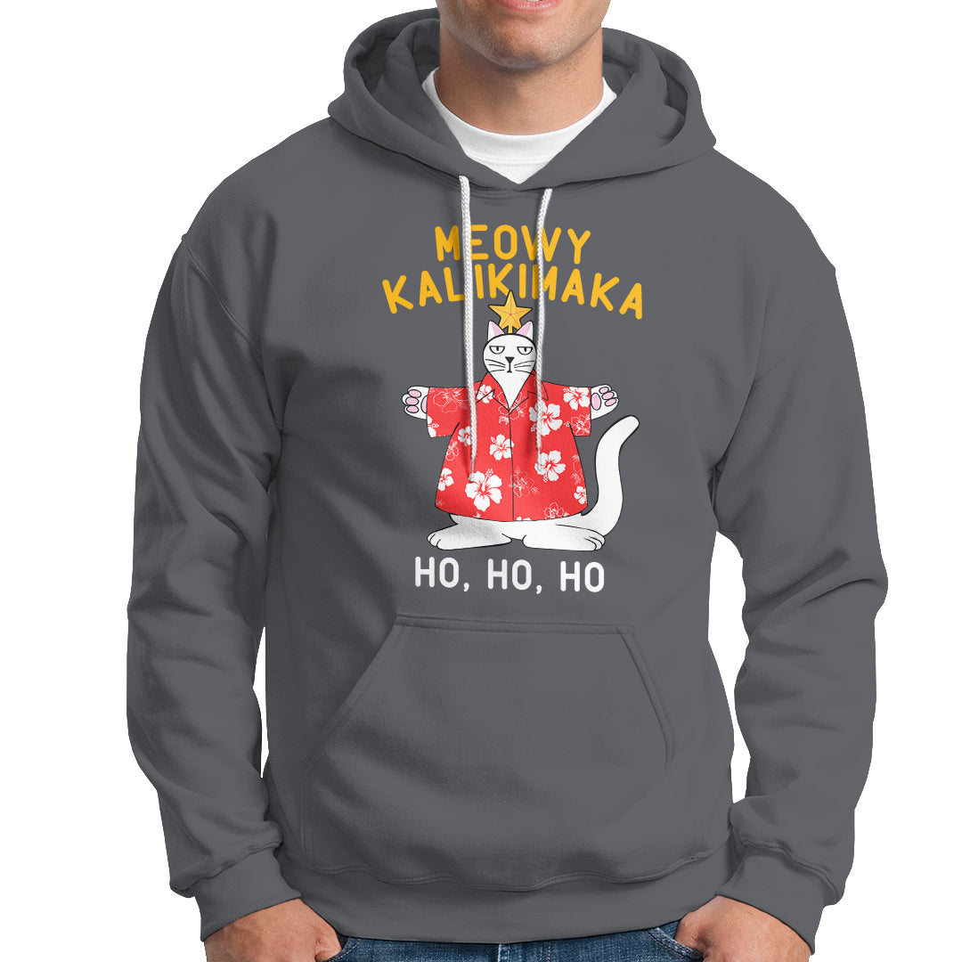 Christmas In Hawaii Hoodie Meowy Kalikimaka Hawaiian Cat Ho Ho Ho Xmas Tree - Wonder Print Shop