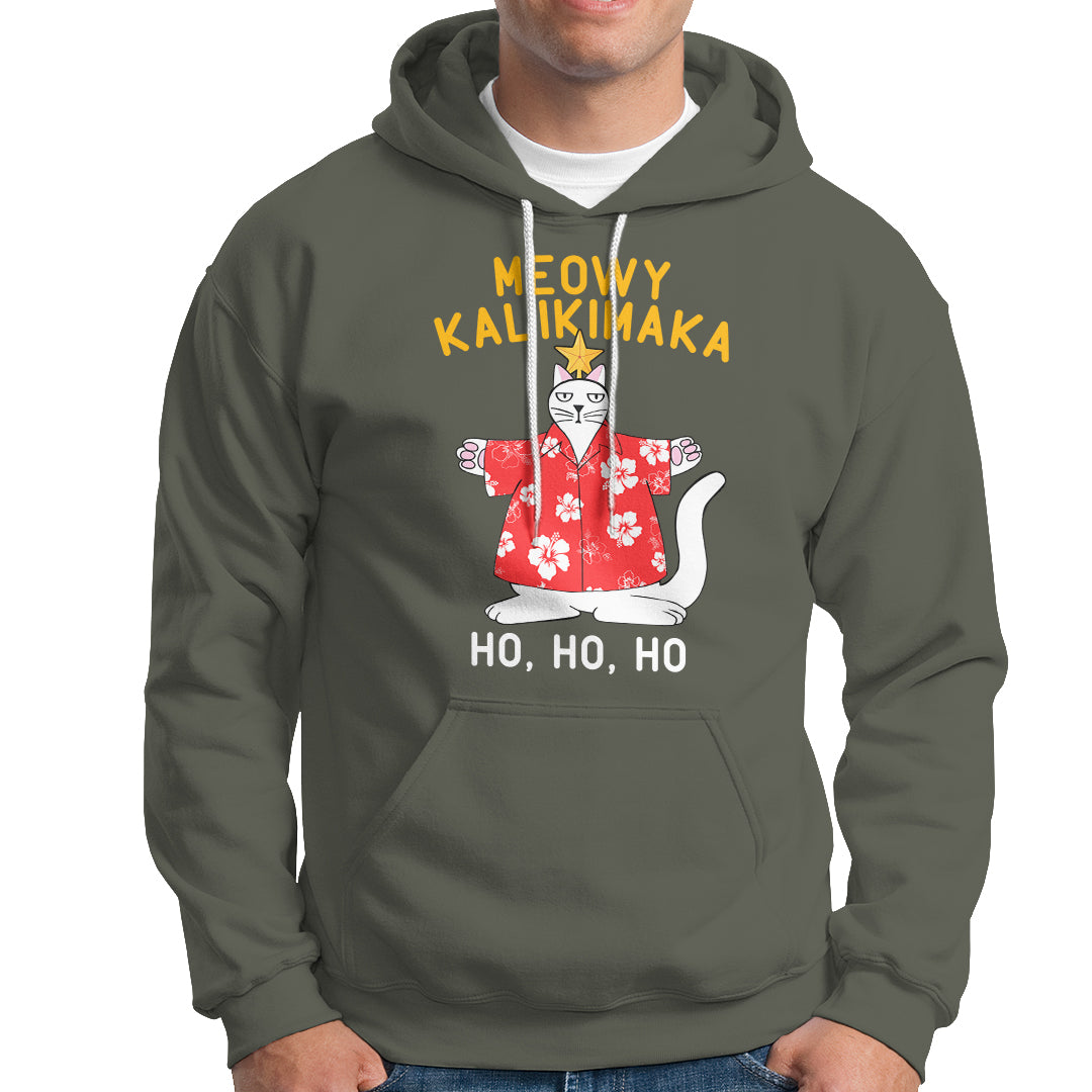 Christmas In Hawaii Hoodie Meowy Kalikimaka Hawaiian Cat Ho Ho Ho Xmas Tree - Wonder Print Shop