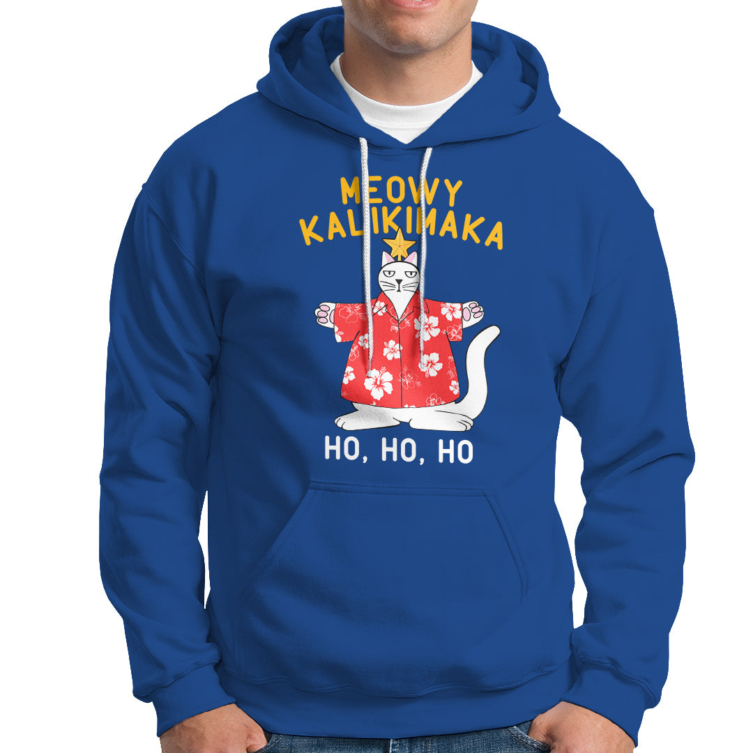 Christmas In Hawaii Hoodie Meowy Kalikimaka Hawaiian Cat Ho Ho Ho Xmas Tree - Wonder Print Shop