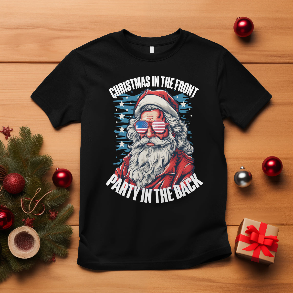 Christmas in the Front Party in the Back USA Patriotic Santa T Shirt - Wonder Print Shop