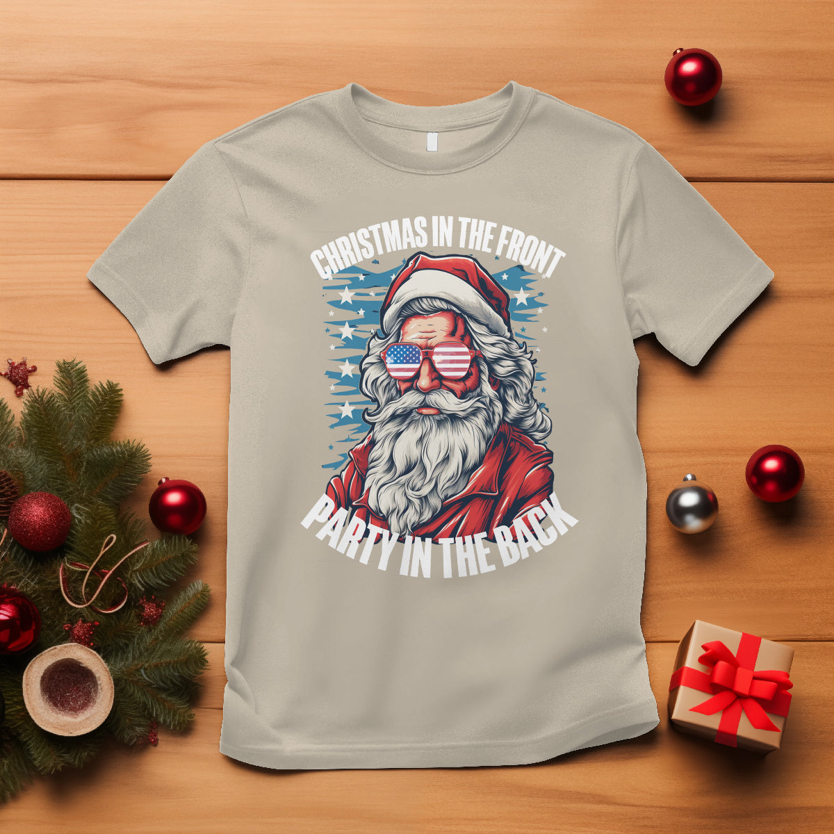 Christmas in the Front Party in the Back USA Patriotic Santa T Shirt - Wonder Print Shop