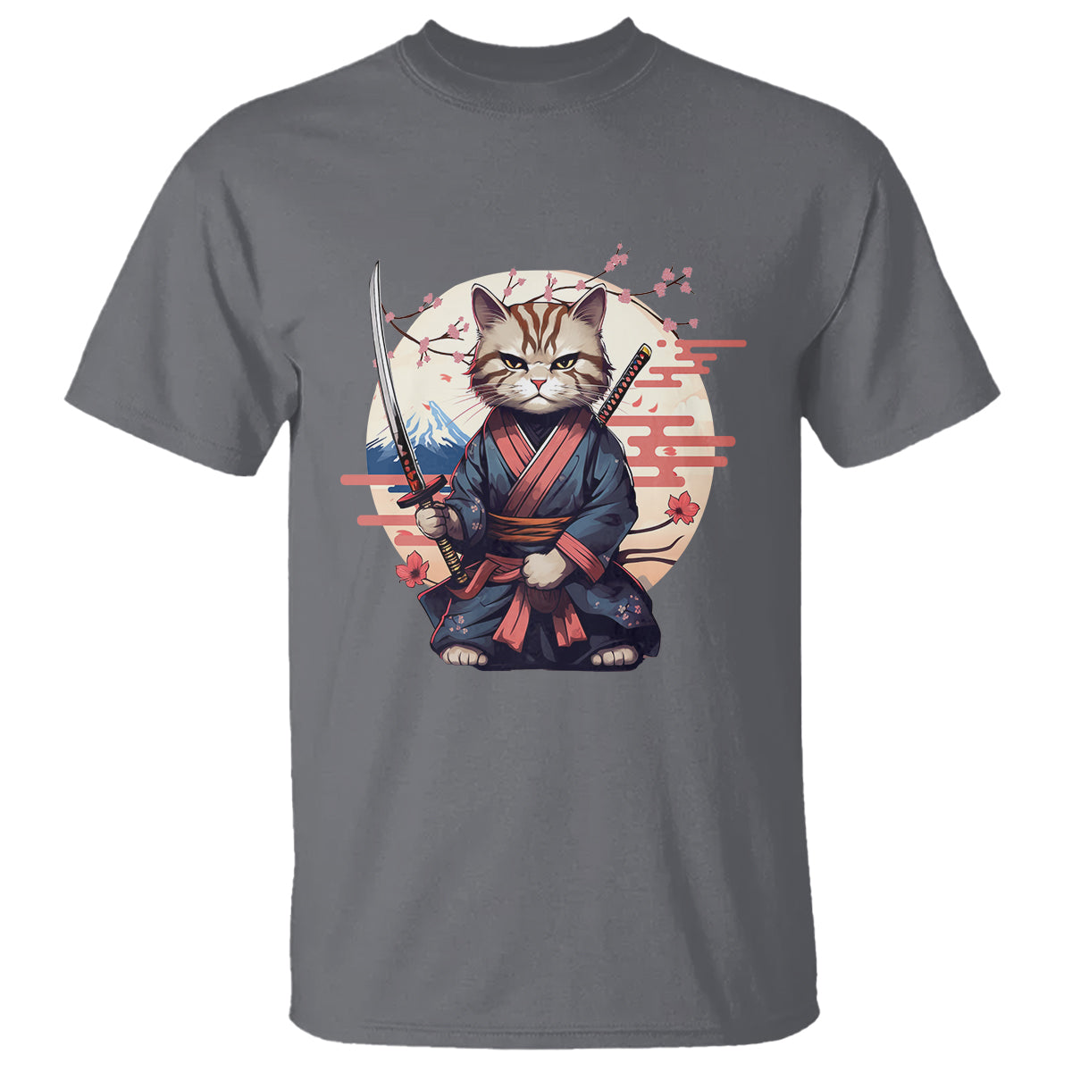 Samurai Cat T Shirt Japanese Aesthetic Vintage Cherry Bloosoms - Wonder Print Shop
