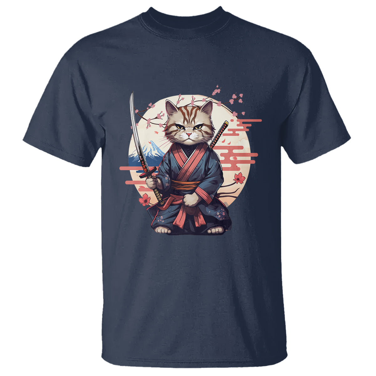Samurai Cat T Shirt Japanese Aesthetic Vintage Cherry Bloosoms - Wonder Print Shop