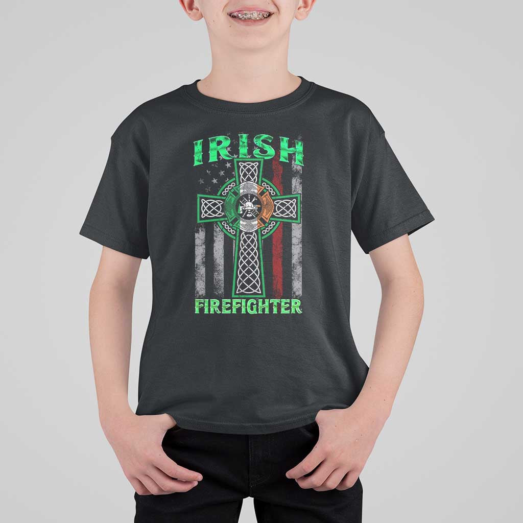 Irish Firefighter T Shirt For Kid Celtic Cross American Flag
