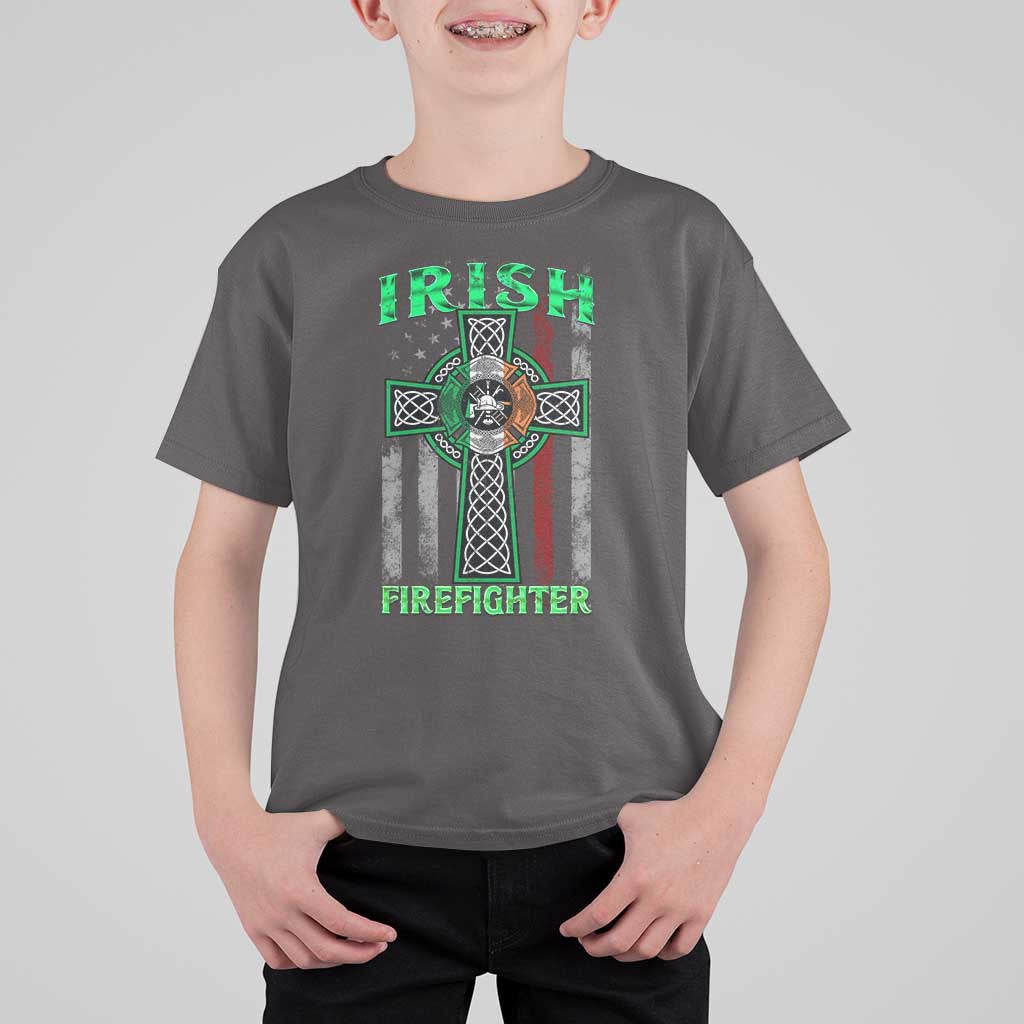 Irish Firefighter T Shirt For Kid Celtic Cross American Flag