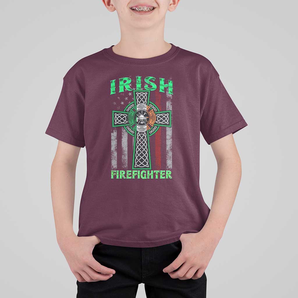 Irish Firefighter T Shirt For Kid Celtic Cross American Flag