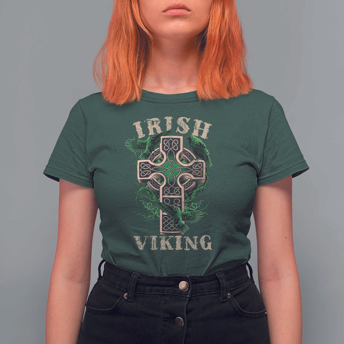 Irish Viking T Shirt For Women Celtic Cross Odin's Raven