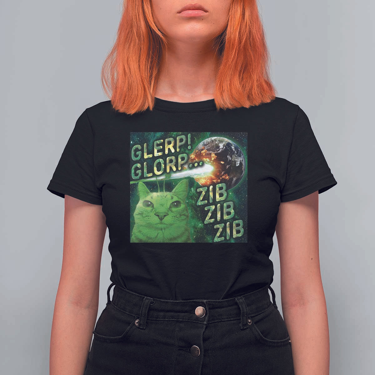 Funny Alien Cat Meme T Shirt For Women Glerp Glorp Zib Zib
