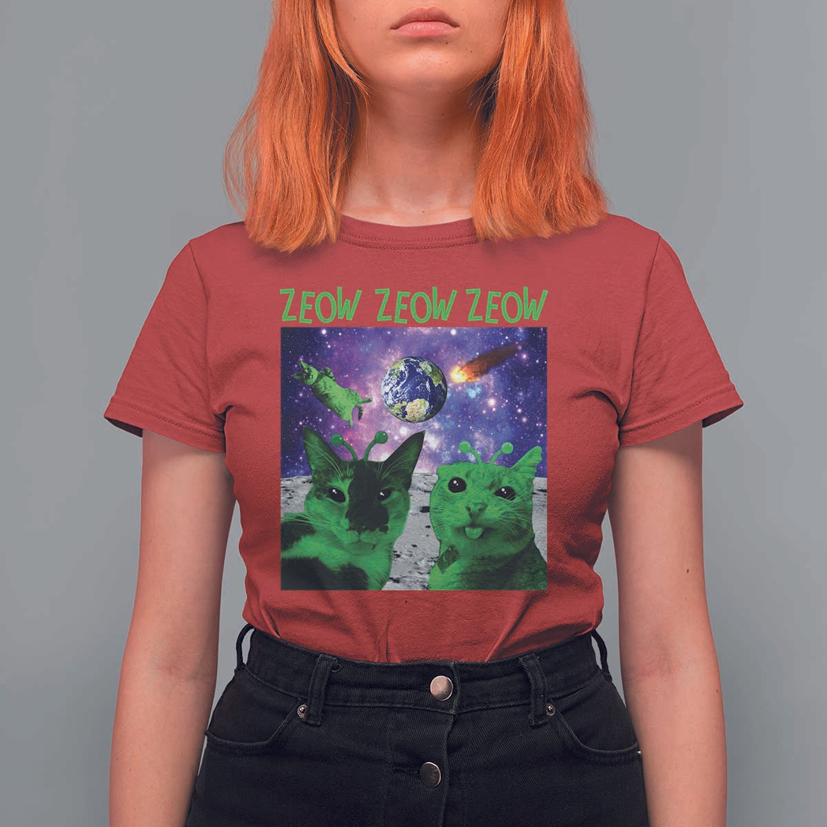 Funny Alien Cat Meme T Shirt For Women Green Cats ZEOW ZEOW