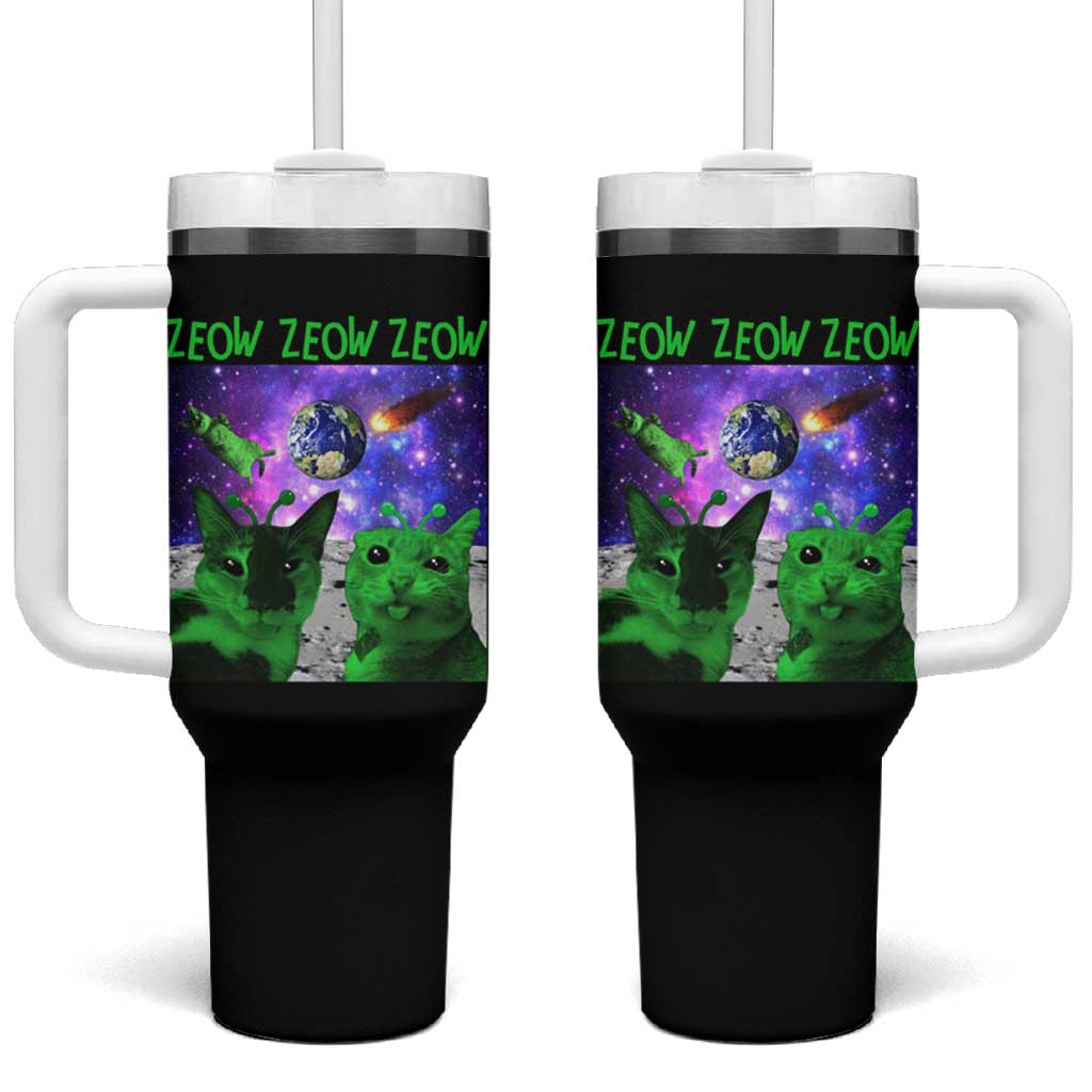 Funny Alien Cat Meme Tumbler With Handle Green Cats ZEOW ZEOW