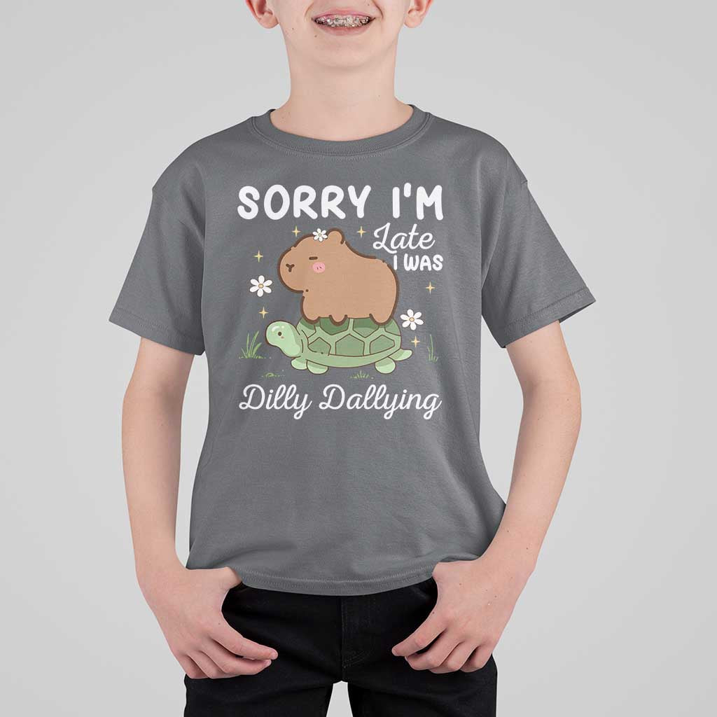 Funny Sorry I'm Late I Was Dilly Dallying T Shirt For Kid Cute Capybara and Turtle
