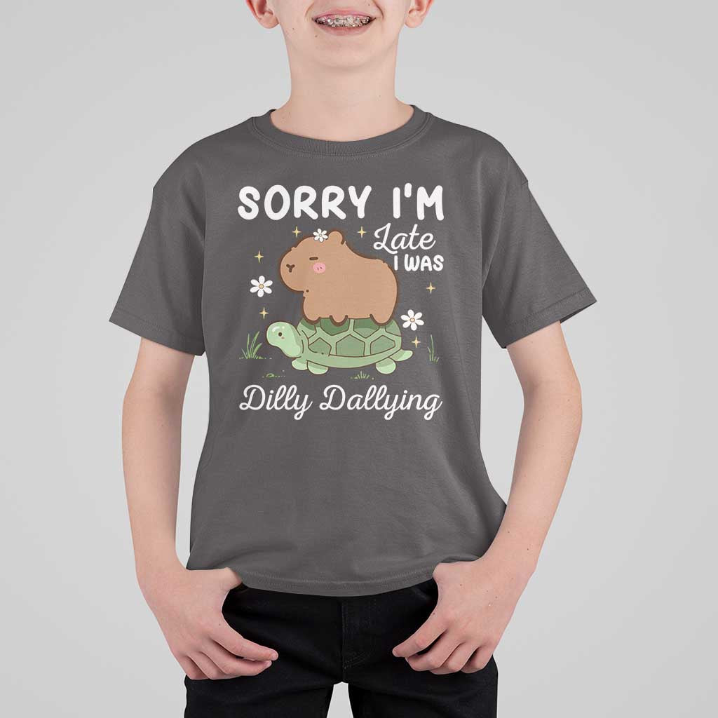 Funny Sorry I'm Late I Was Dilly Dallying T Shirt For Kid Cute Capybara and Turtle