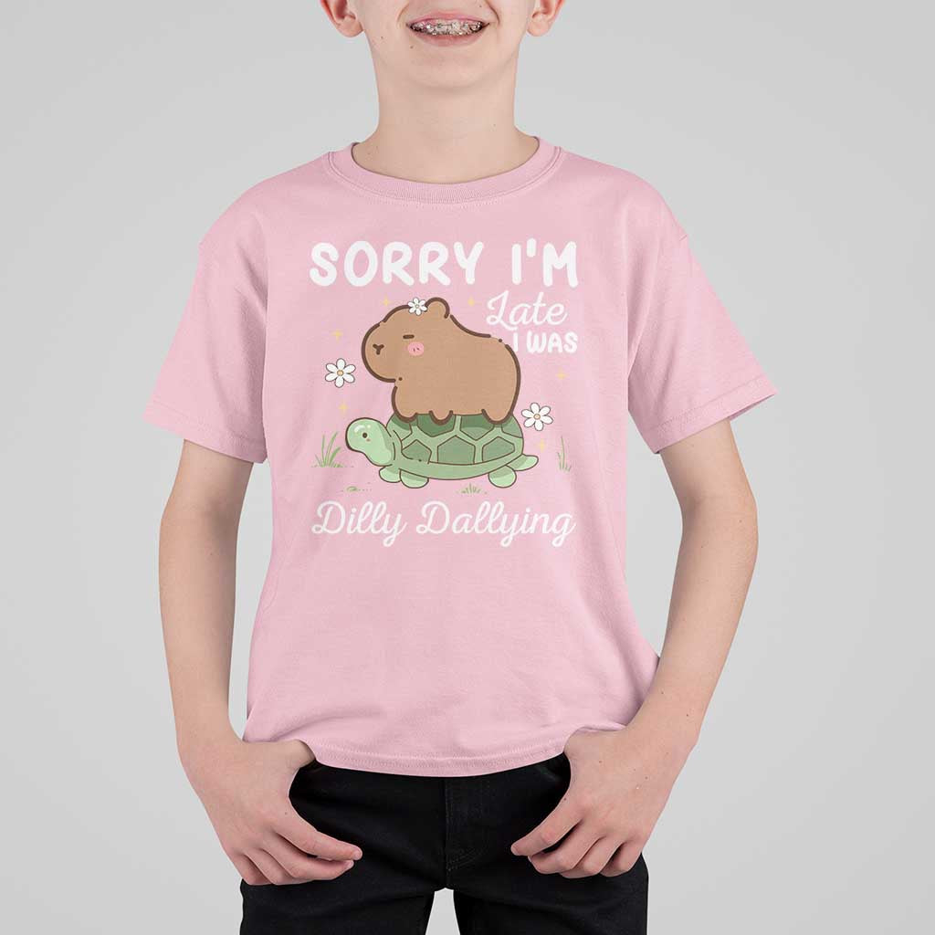 Funny Sorry I'm Late I Was Dilly Dallying T Shirt For Kid Cute Capybara and Turtle