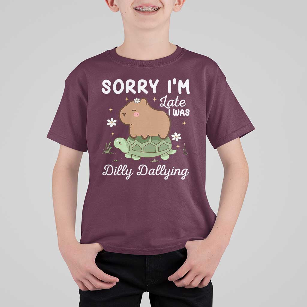 Funny Sorry I'm Late I Was Dilly Dallying T Shirt For Kid Cute Capybara and Turtle