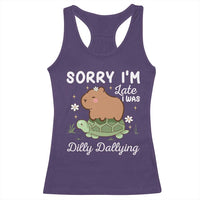 Funny Sorry I'm Late I Was Dilly Dallying Racerback Tank Top Cute Capybara and Turtle
