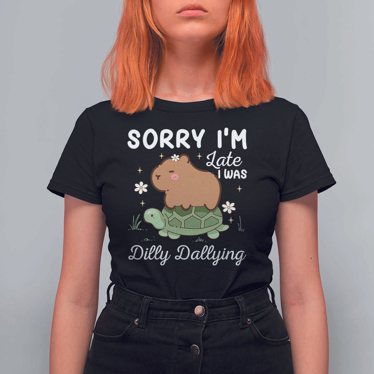 Funny Sorry I'm Late I Was Dilly Dallying T Shirt For Women Cute Capybara and Turtle