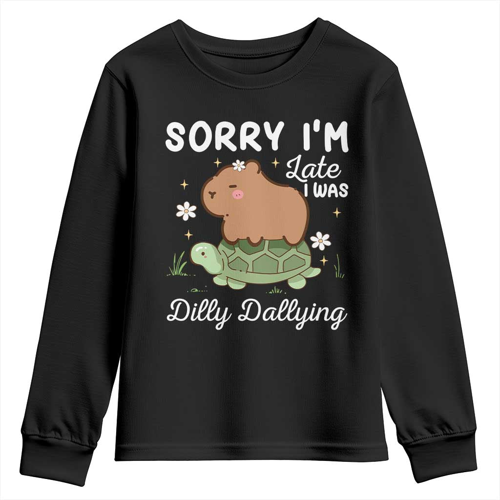 Funny Sorry I'm Late I Was Dilly Dallying Youth Sweatshirt Cute Capybara and Turtle