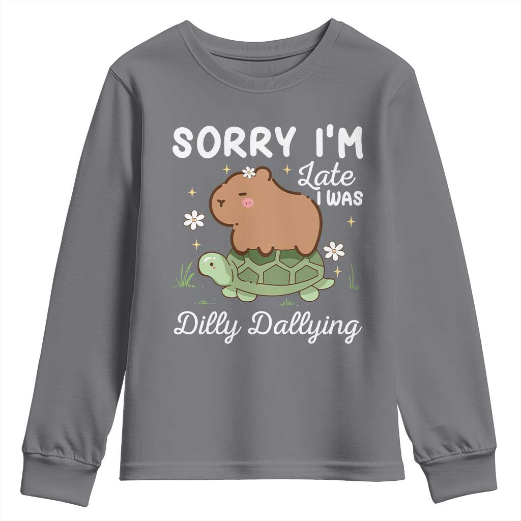 Funny Sorry I'm Late I Was Dilly Dallying Youth Sweatshirt Cute Capybara and Turtle