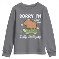 Funny Sorry I'm Late I Was Dilly Dallying Youth Sweatshirt Cute Capybara and Turtle