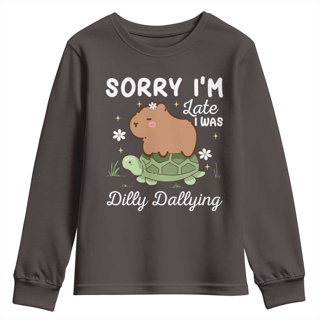 Funny Sorry I'm Late I Was Dilly Dallying Youth Sweatshirt Cute Capybara and Turtle