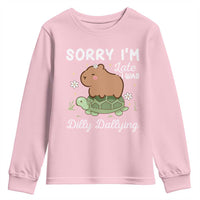 Funny Sorry I'm Late I Was Dilly Dallying Youth Sweatshirt Cute Capybara and Turtle