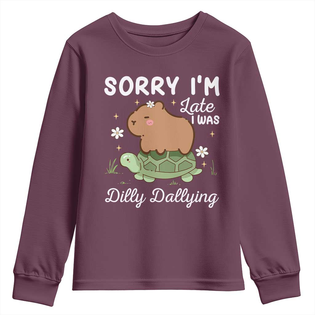 Funny Sorry I'm Late I Was Dilly Dallying Youth Sweatshirt Cute Capybara and Turtle