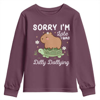 Funny Sorry I'm Late I Was Dilly Dallying Youth Sweatshirt Cute Capybara and Turtle