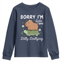 Funny Sorry I'm Late I Was Dilly Dallying Youth Sweatshirt Cute Capybara and Turtle