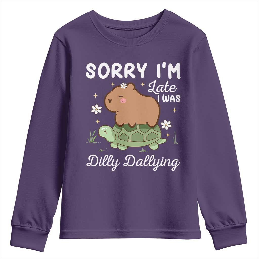 Funny Sorry I'm Late I Was Dilly Dallying Youth Sweatshirt Cute Capybara and Turtle