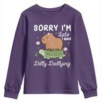 Funny Sorry I'm Late I Was Dilly Dallying Youth Sweatshirt Cute Capybara and Turtle