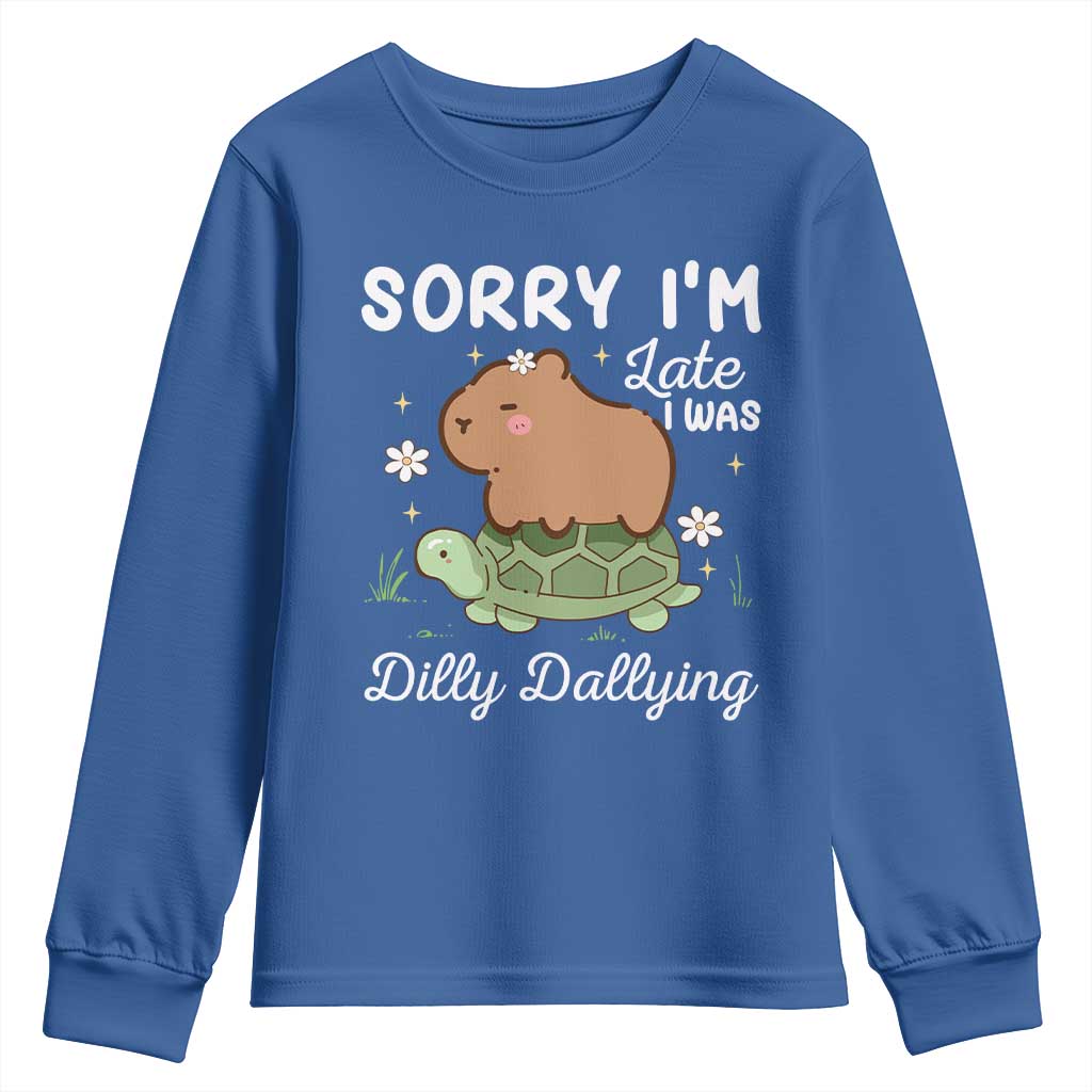 Funny Sorry I'm Late I Was Dilly Dallying Youth Sweatshirt Cute Capybara and Turtle