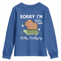 Funny Sorry I'm Late I Was Dilly Dallying Youth Sweatshirt Cute Capybara and Turtle