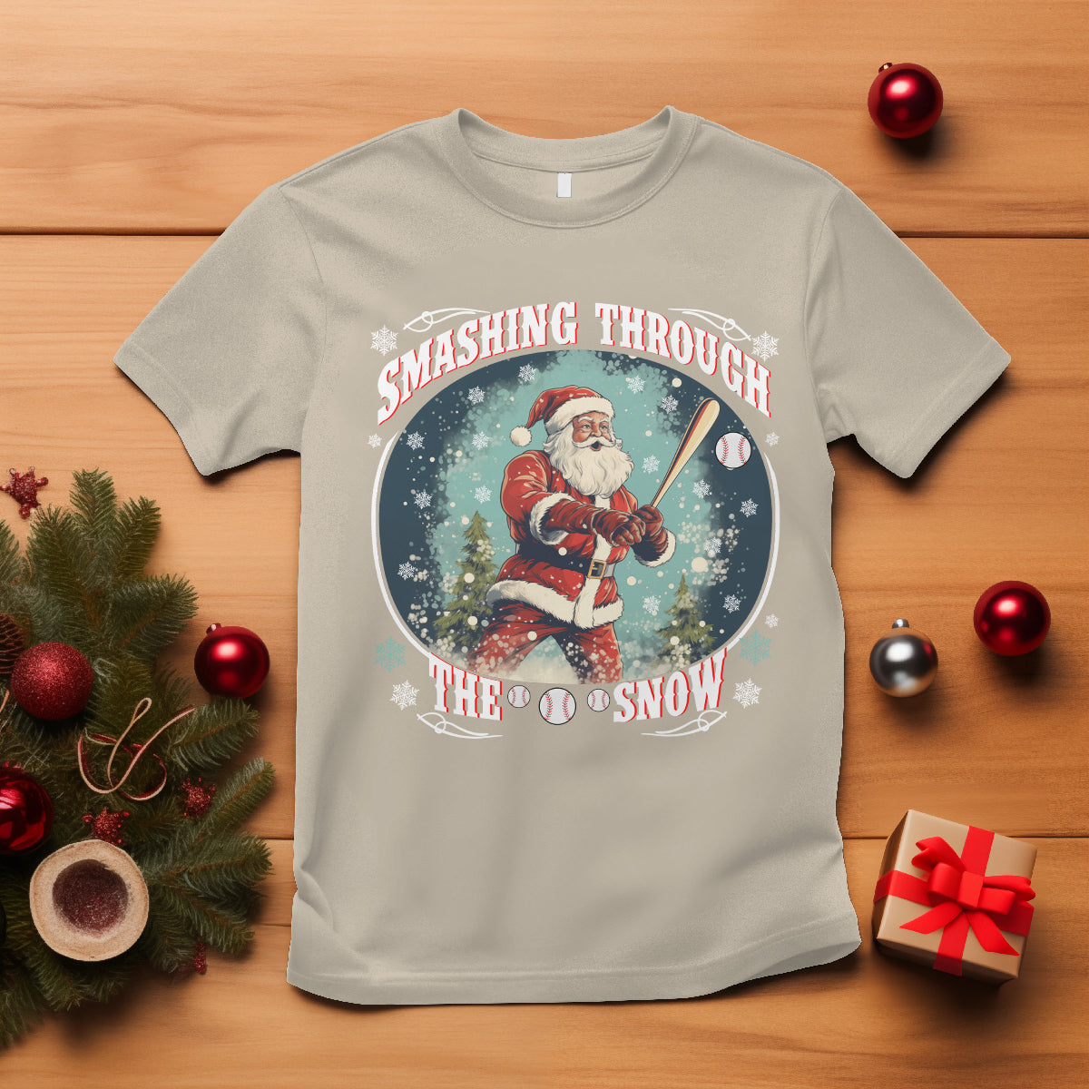 Christmas Sport T Shirt Baseball Player Santa Smashing Through The Snow - Wonder Print Shop