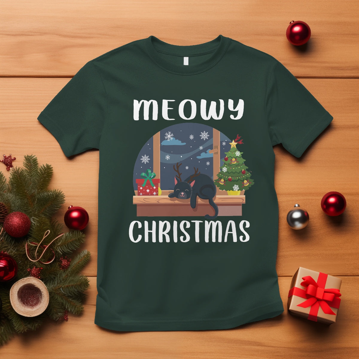Christmas T Shirt Cat Reindeer Chillin' Xmas Eve Window Meowy - Wonder Print Shop