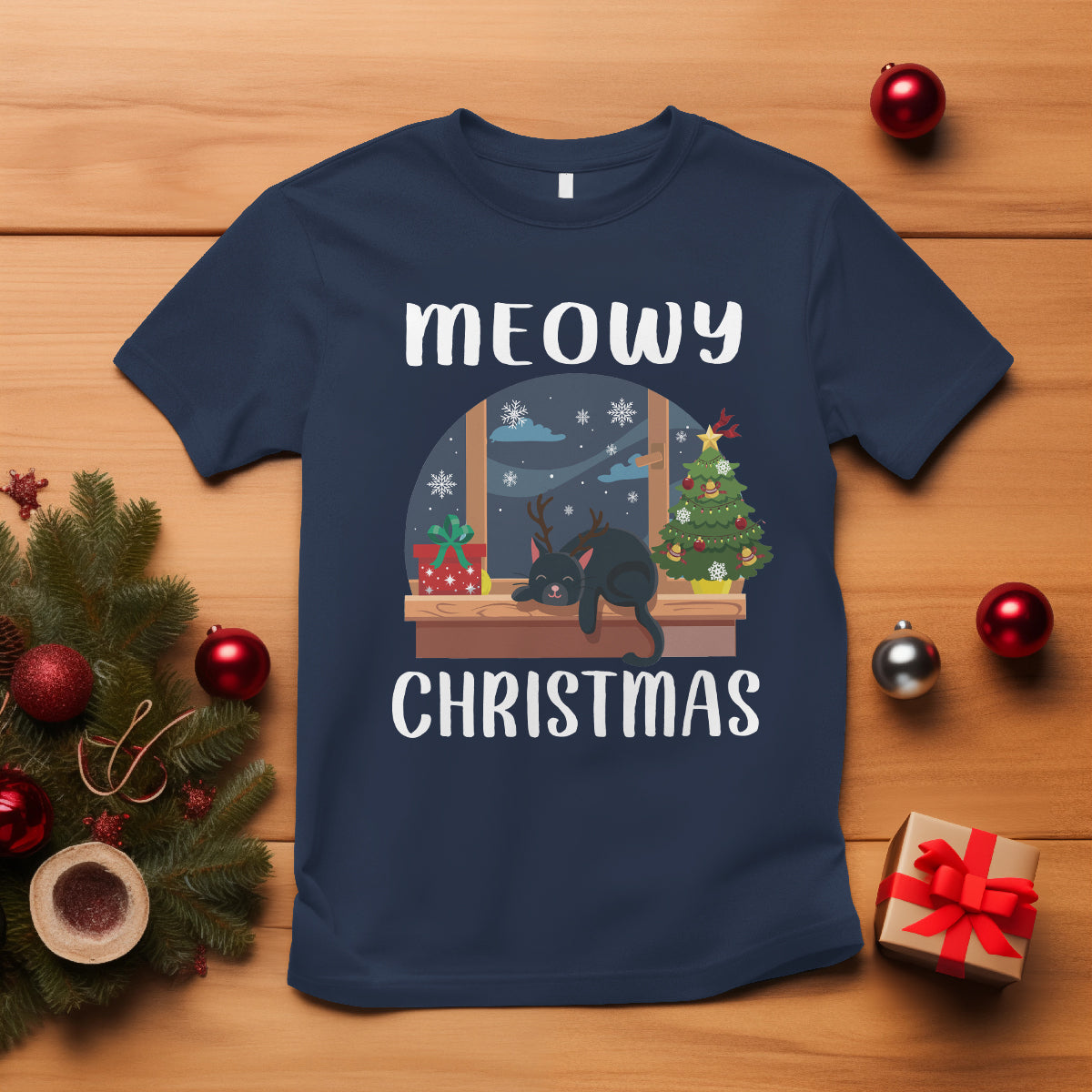 Christmas T Shirt Cat Reindeer Chillin' Xmas Eve Window Meowy - Wonder Print Shop