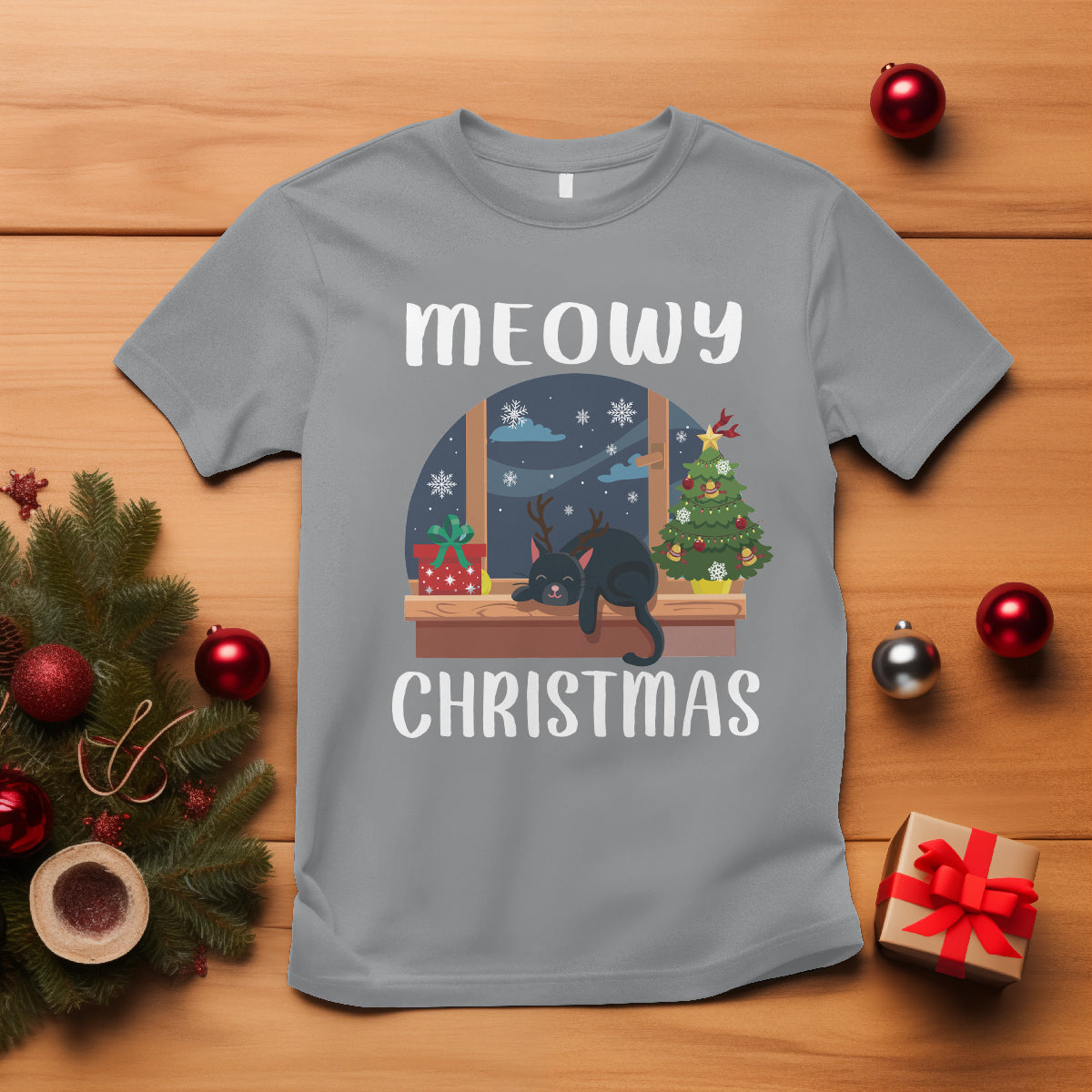 Christmas T Shirt Cat Reindeer Chillin' Xmas Eve Window Meowy - Wonder Print Shop