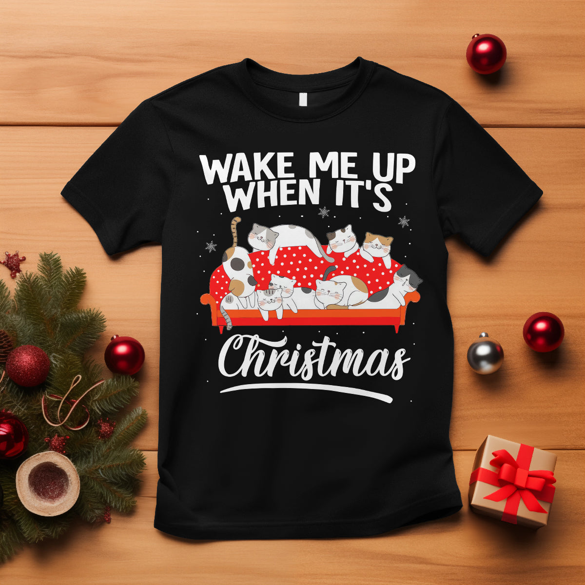 Cute Cat Wake Me Up When It's Christmas Chillin' T Shirt - Wonder Print Shop