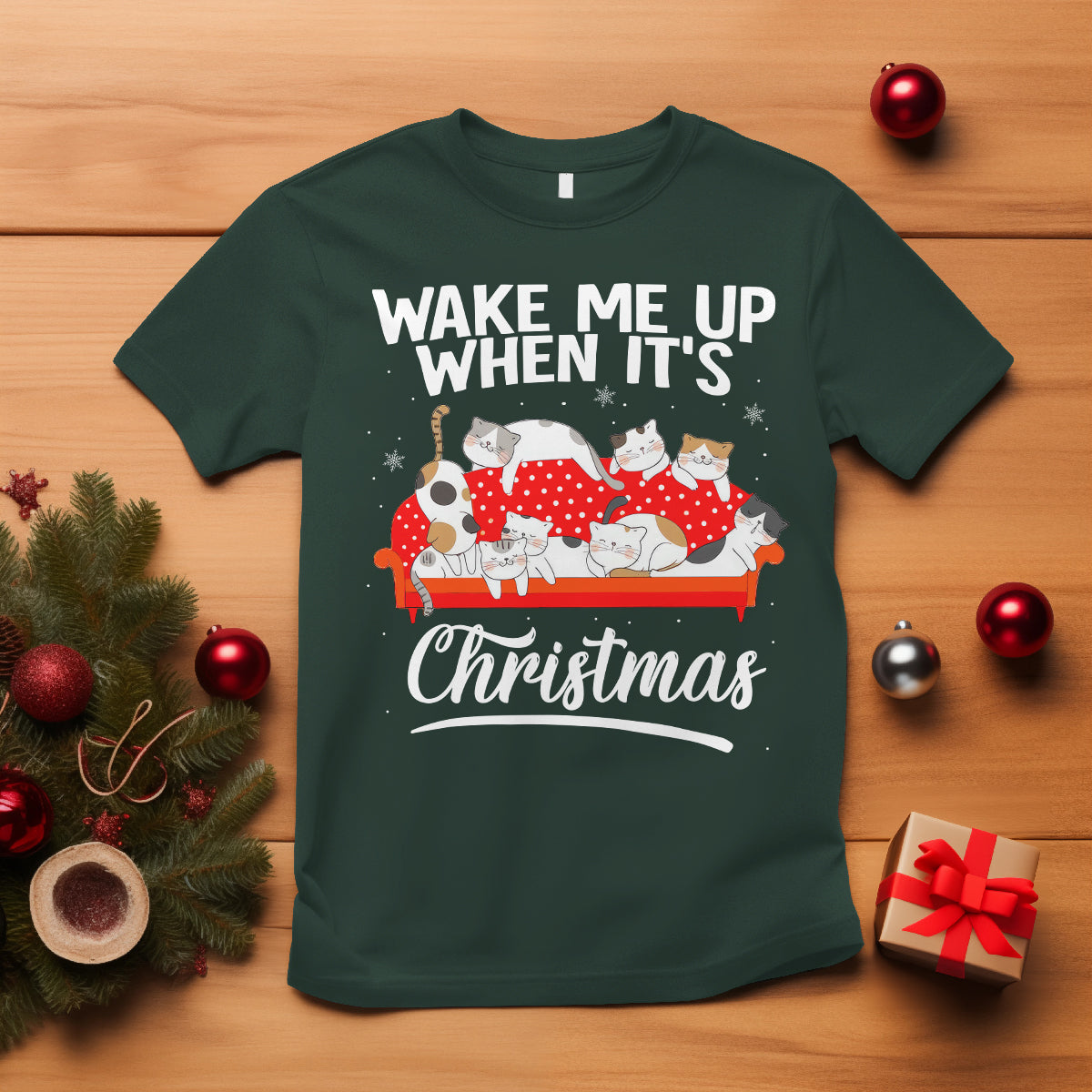 Cute Cat Wake Me Up When It's Christmas Chillin' T Shirt - Wonder Print Shop