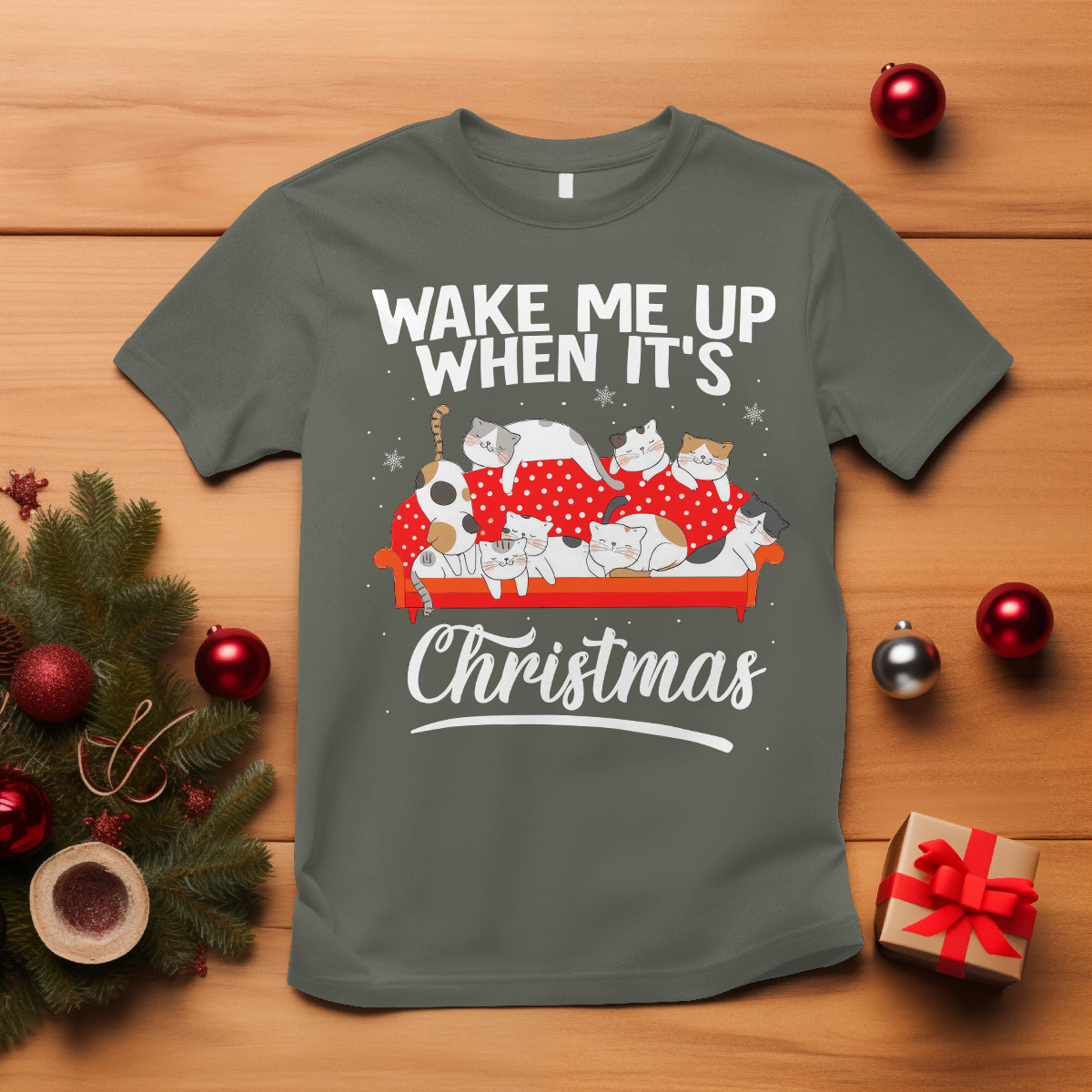 Cute Cat Wake Me Up When It's Christmas Chillin' T Shirt - Wonder Print Shop