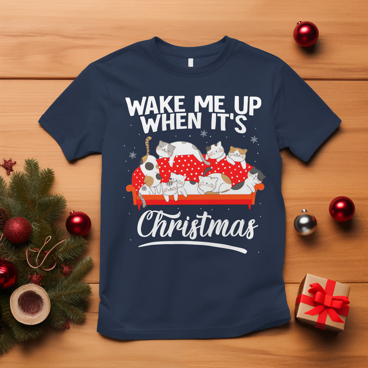 Cute Cat Wake Me Up When It's Christmas Chillin' T Shirt - Wonder Print Shop