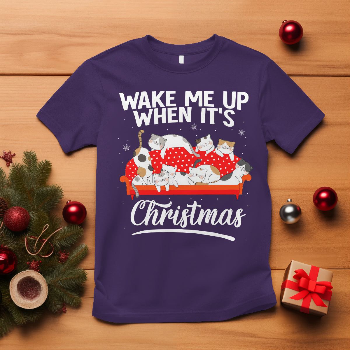 Cute Cat Wake Me Up When It's Christmas Chillin' T Shirt - Wonder Print Shop