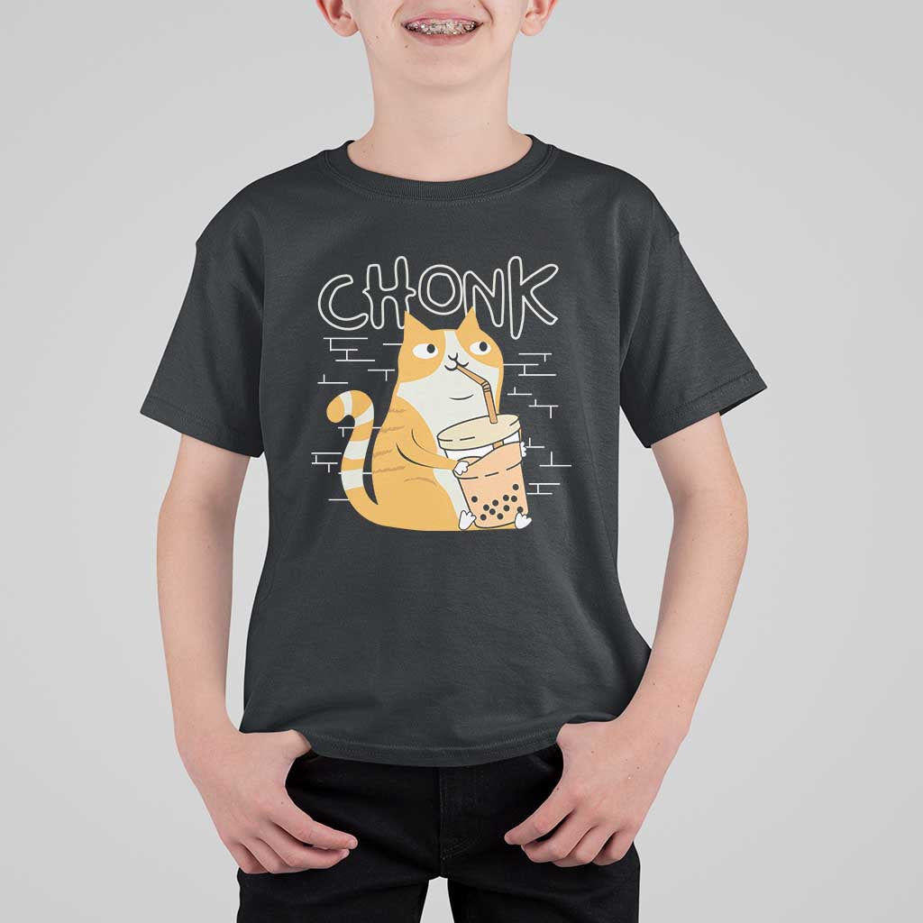 Funny Fat Cat T Shirt For Kid Chonk Drinking Bubble Tea - Wonder Print Shop