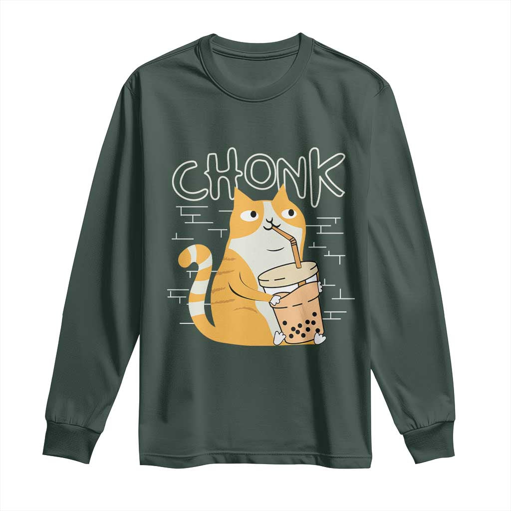 Funny Fat Cat Long Sleeve Shirt Chonk Drinking Bubble Tea