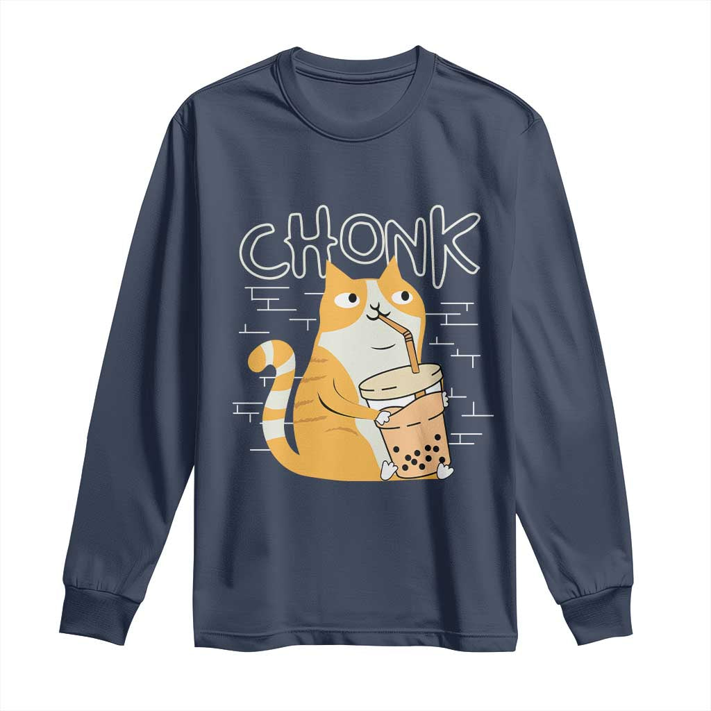 Funny Fat Cat Long Sleeve Shirt Chonk Drinking Bubble Tea