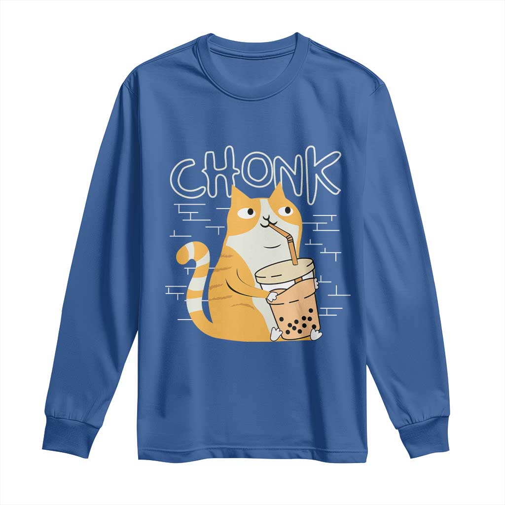 Funny Fat Cat Long Sleeve Shirt Chonk Drinking Bubble Tea