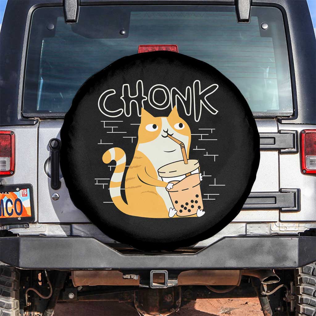 Funny Fat Cat Spare Tire Cover Chonk Drinking Bubble Tea